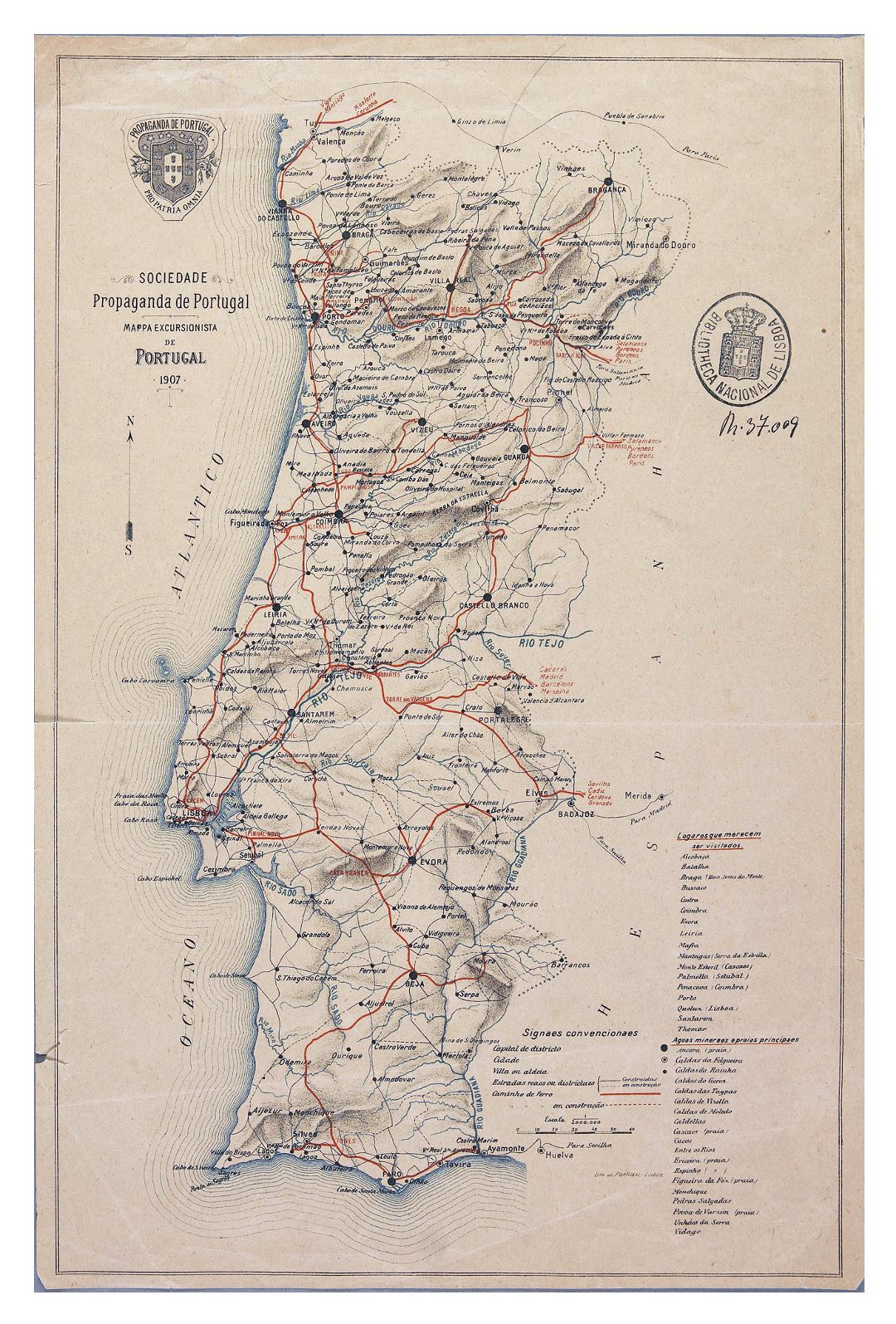 Большая детальнаяя старая карта дорог Португалии с городами - 1907