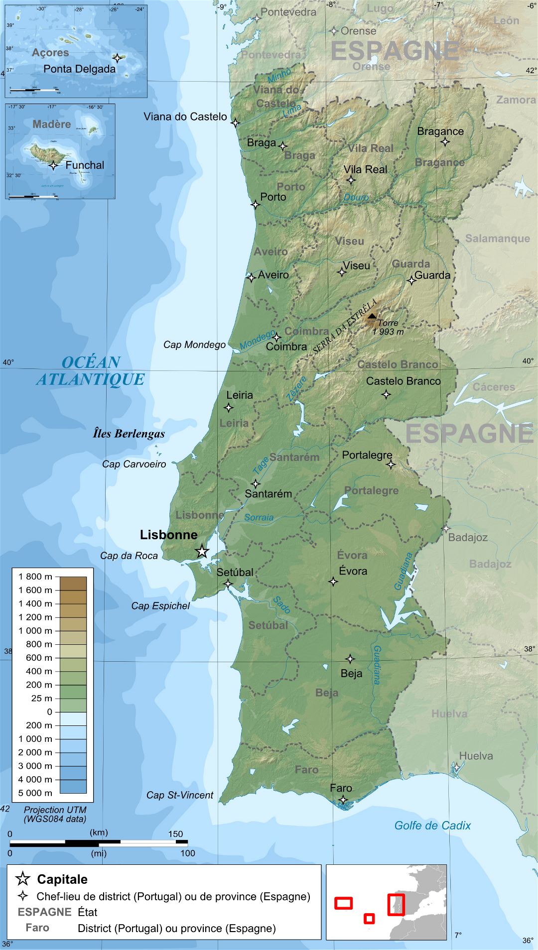 Большая детальная физическая карта Португалии