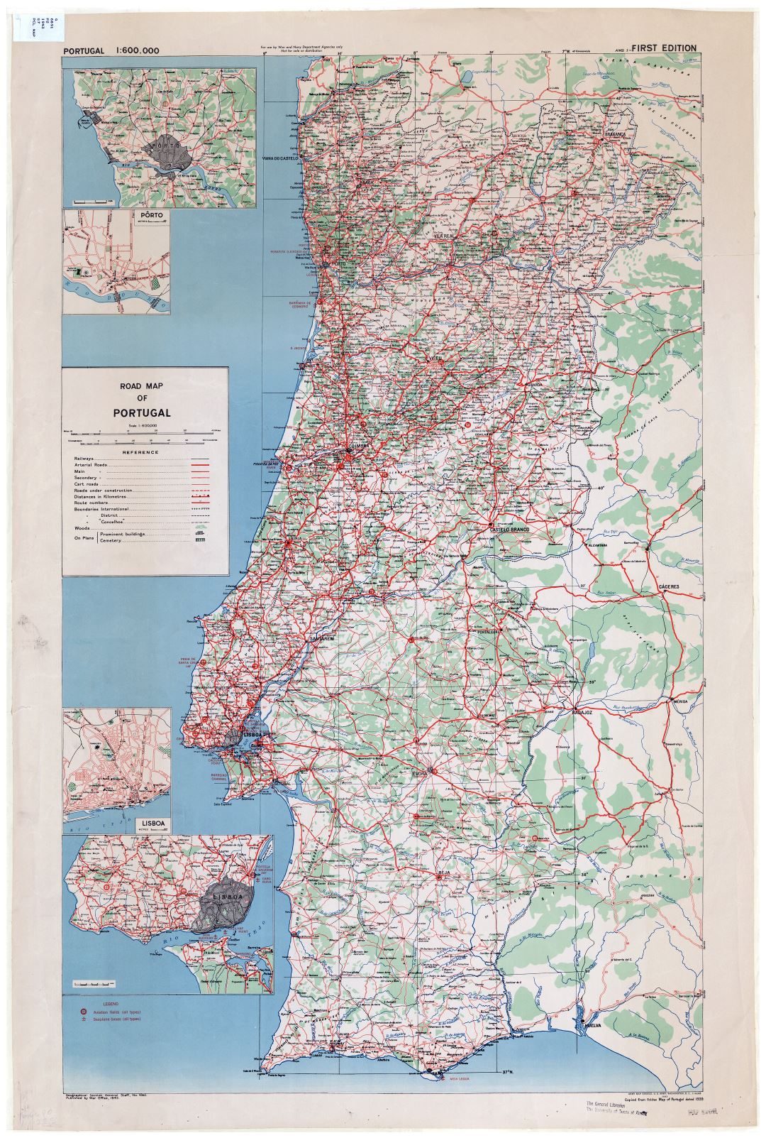 Большая детальная карта дорог Португалии с большими городами, городами и деревнями - 1943 - 1: 600 000