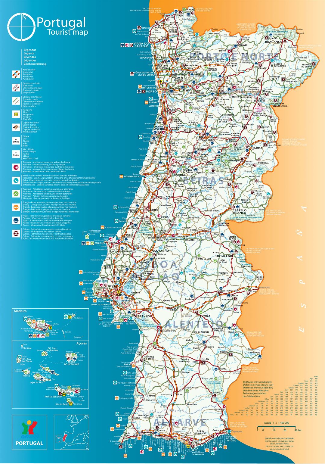 Большая детальная туристическая карта Португалии