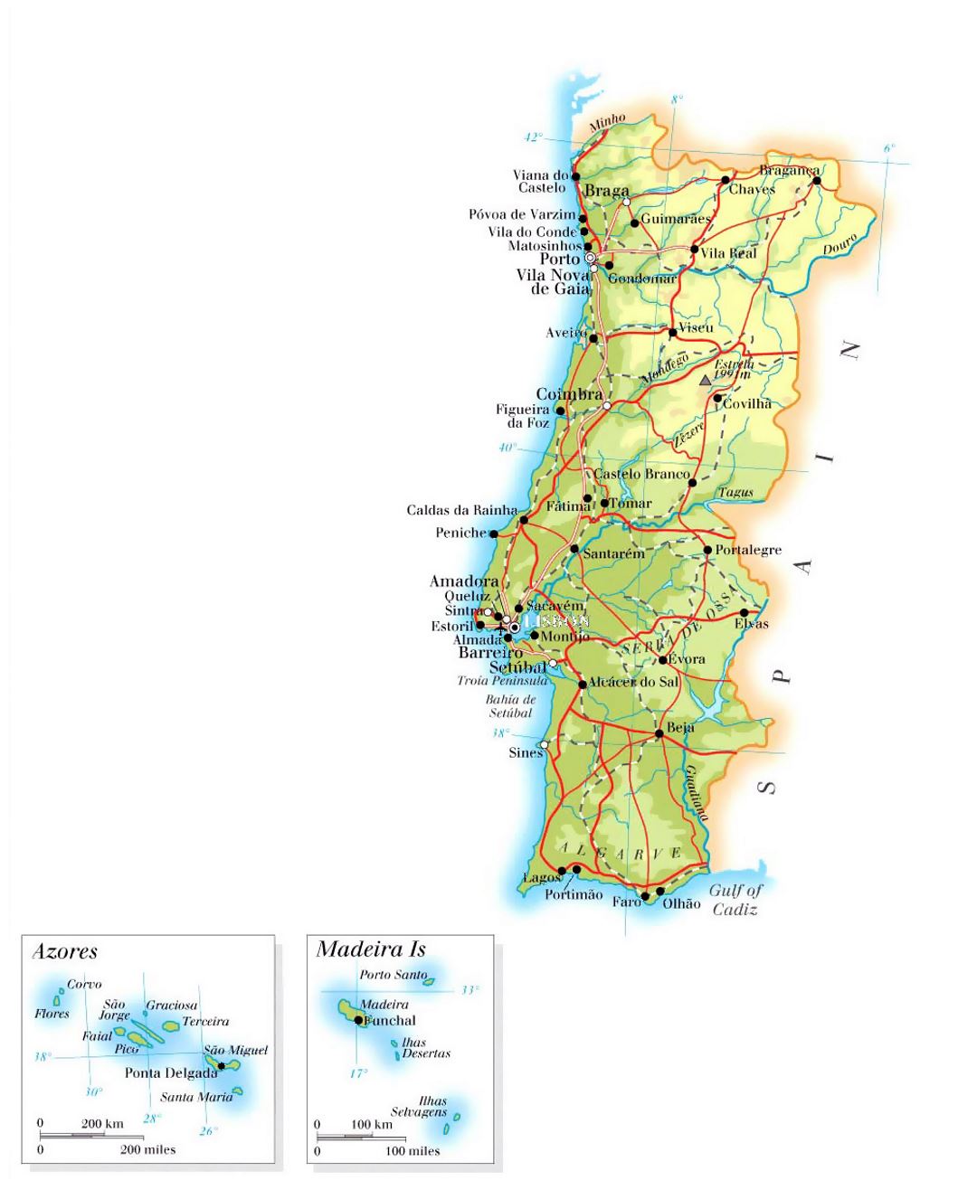 Большая карта высот Португалии с дорогами, городами и аэропортами