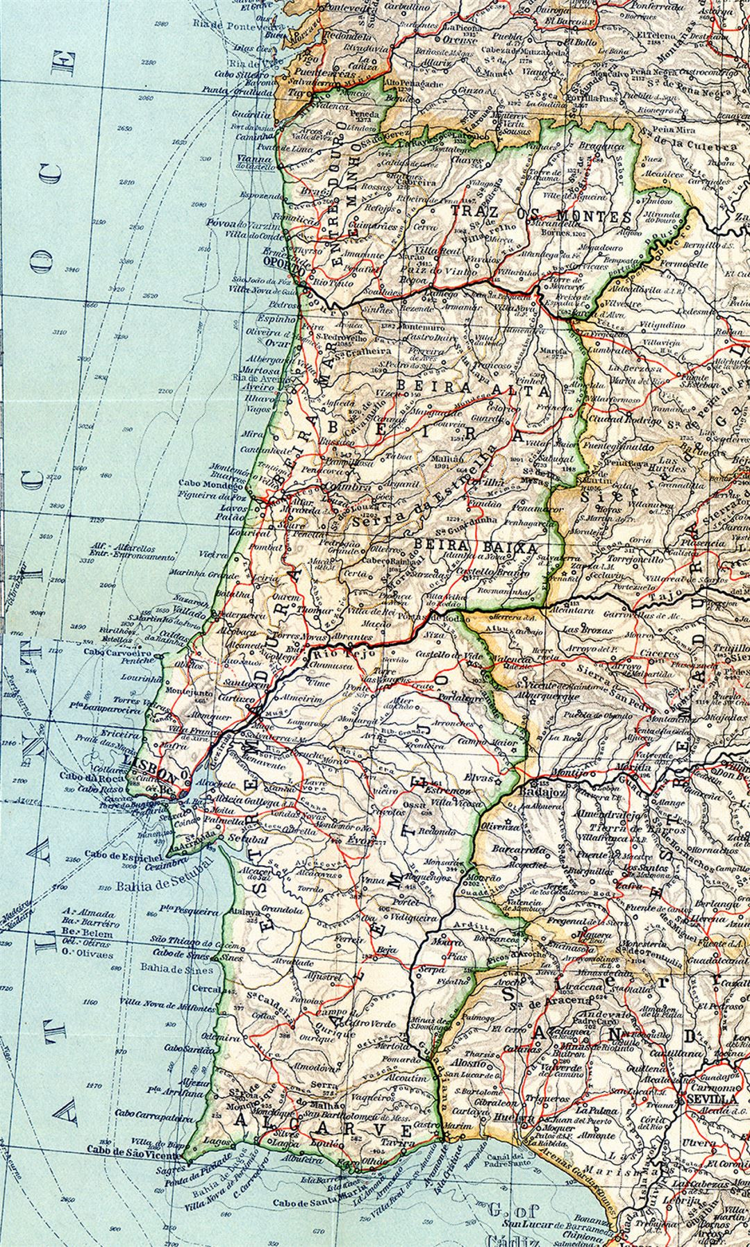 Большая карта Португалии с рельефом, дорогами и городами
