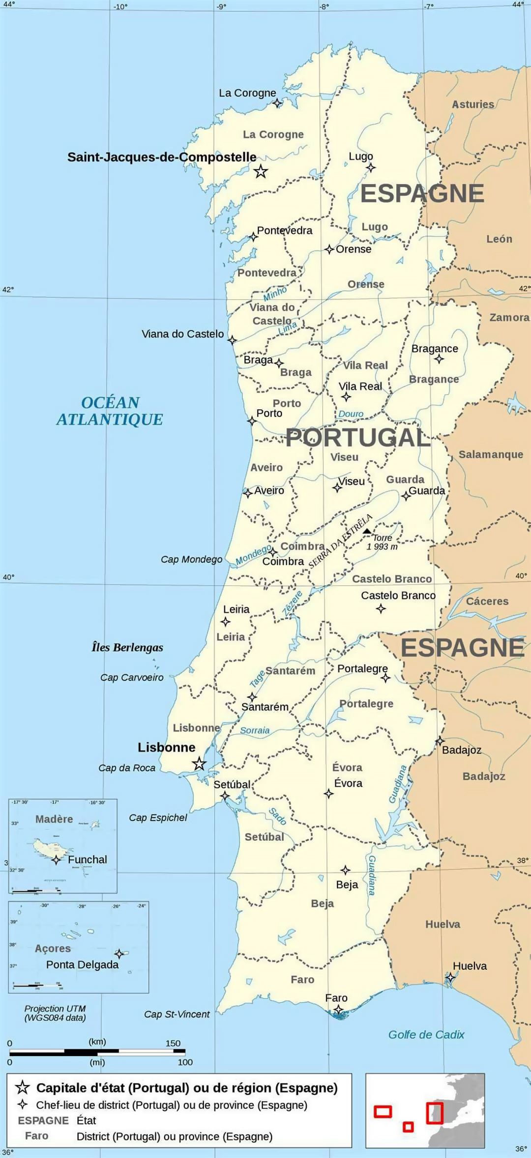 Большая политическая и административная карта Португалии с крупными городами