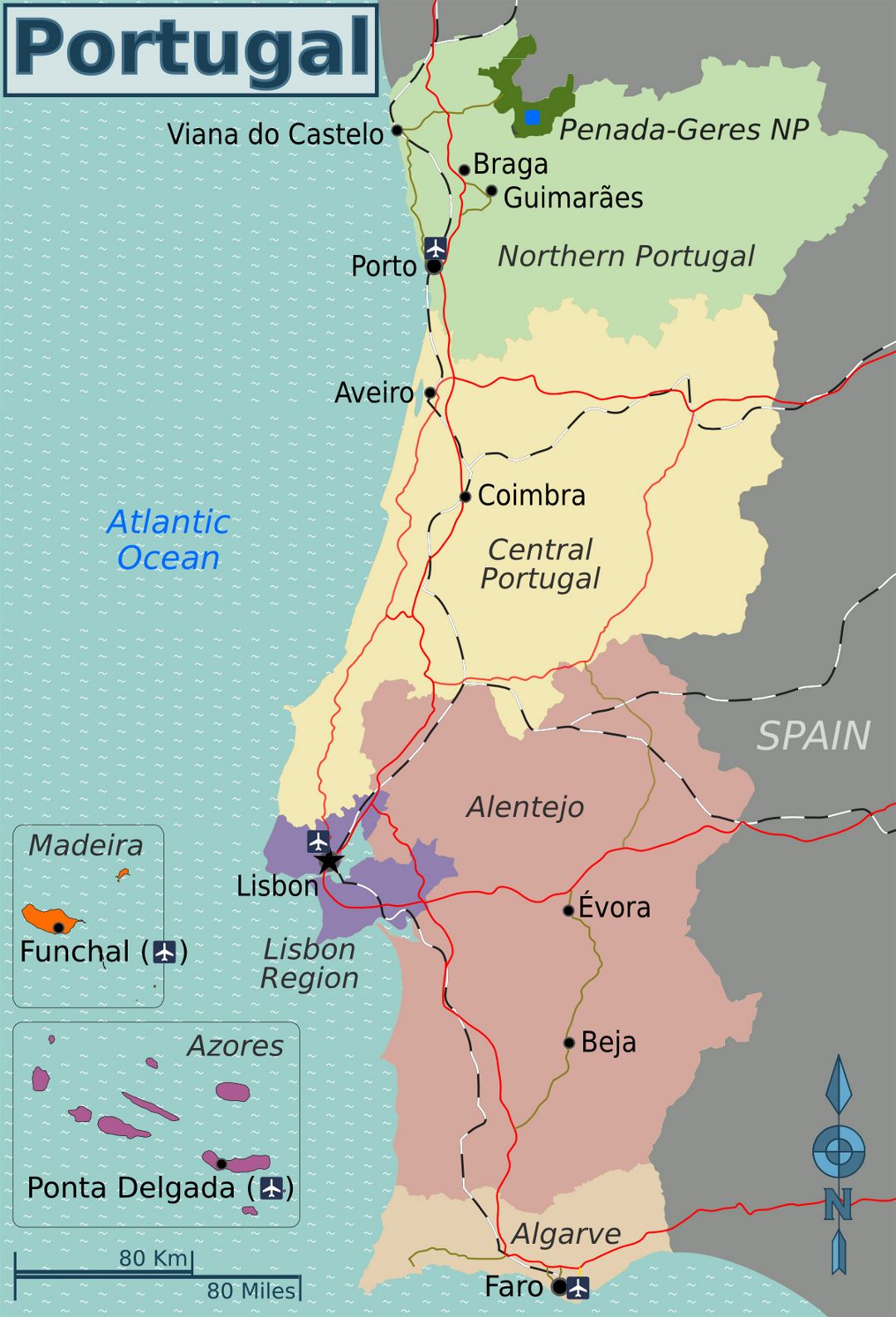 Большая карта регионов Португалии