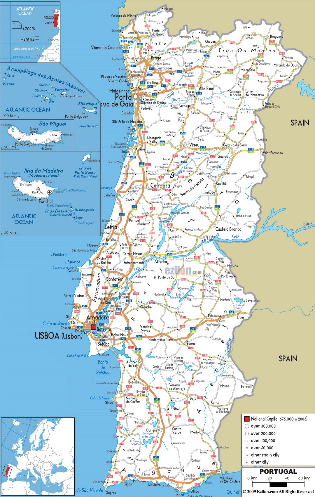Большая карта дорог Португалии с городами и аэропортами