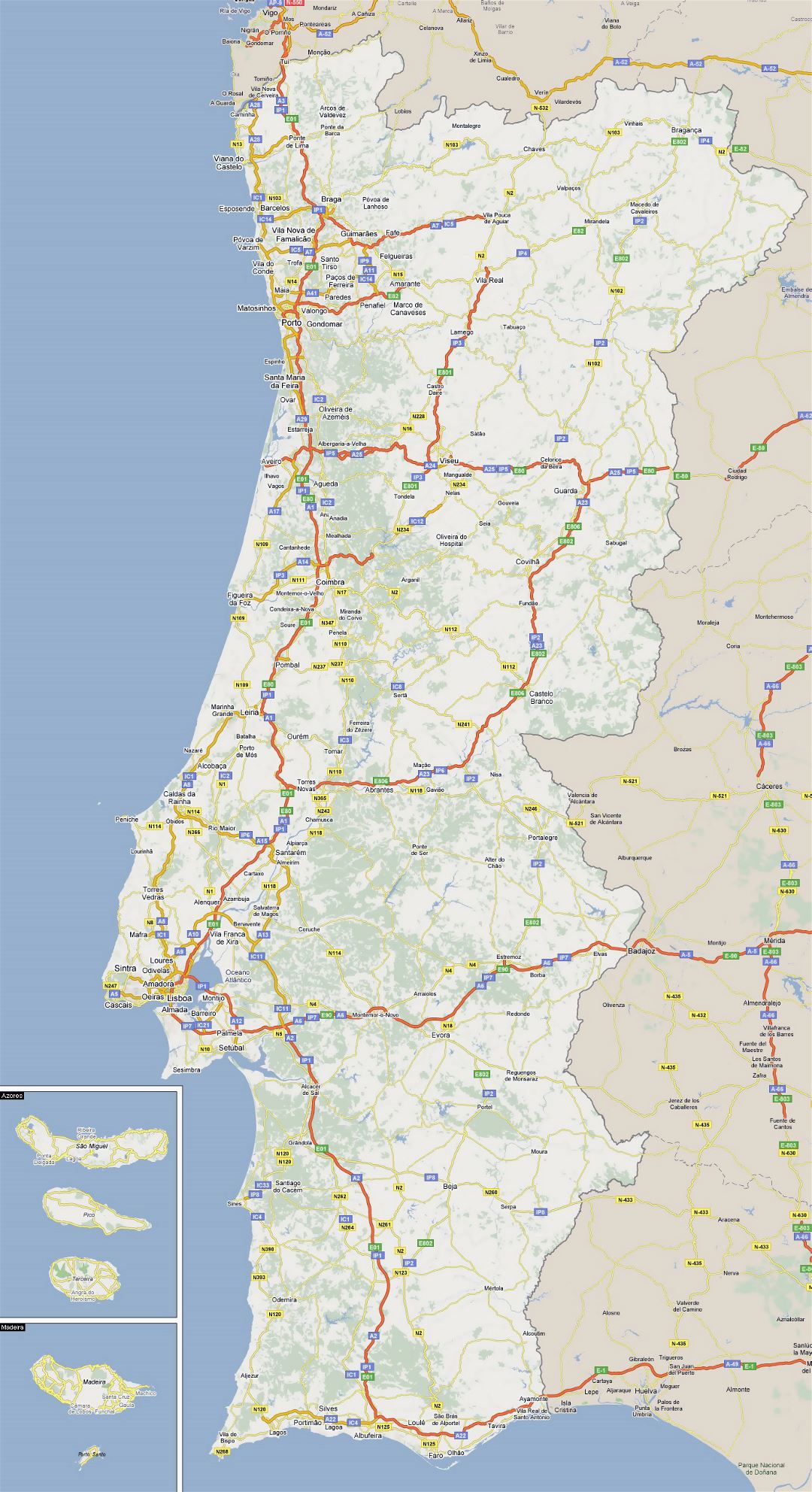 Большая карта дорог Португалии с городами