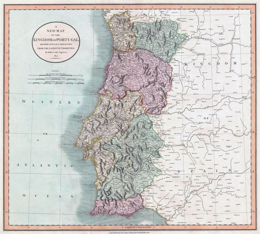 Крупномасштабная старая политическая и административная карта Португалии с рельефом, дорогами и городами - 1801