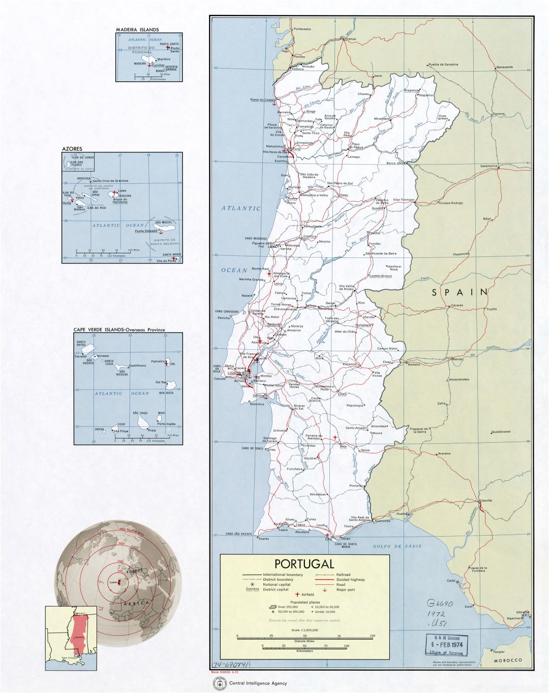 Крупномасштабная политическая и административная карта Португалии с дорогами, железными дорогами, крупными городами, аэропортами и портами - 1972