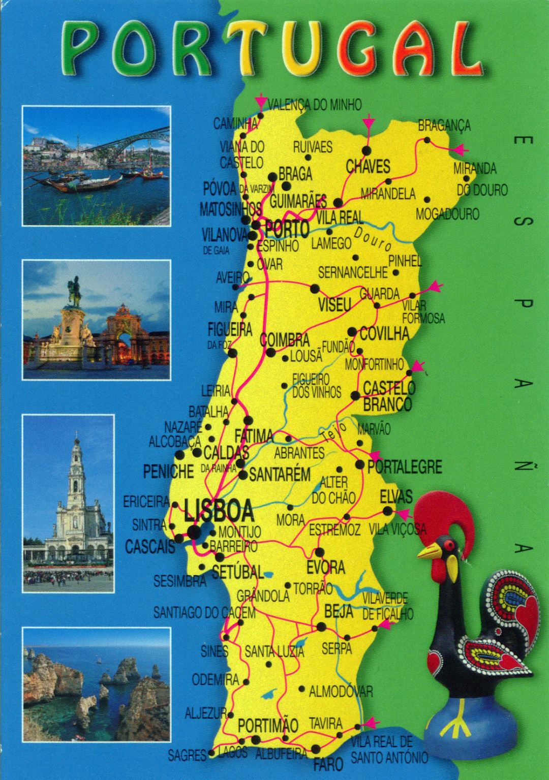 Большая туристическая карта Португалии с дорогами и городами