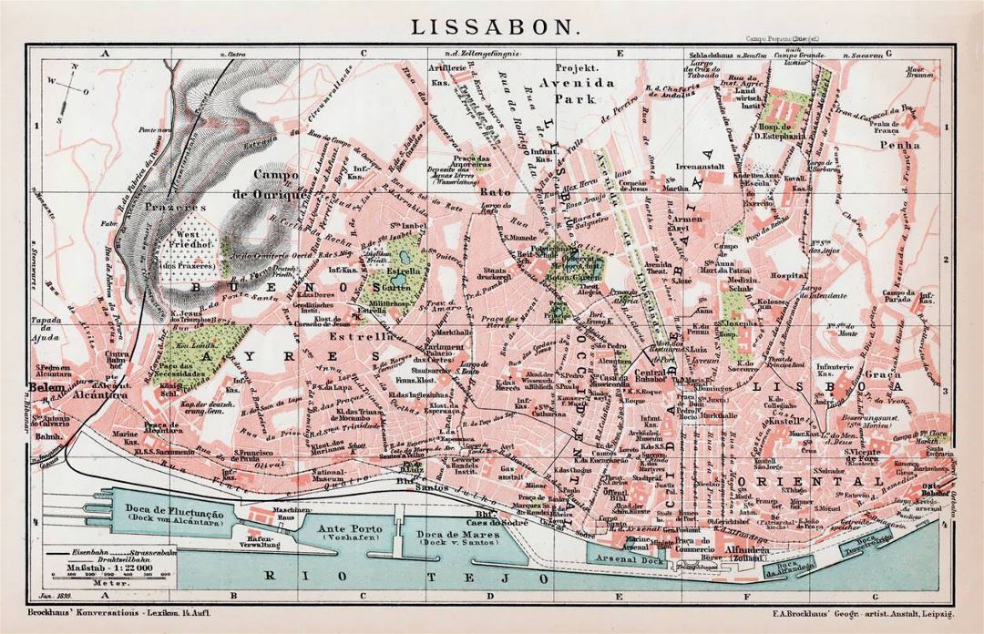Детальная старая карта города Лиссабон - 1892