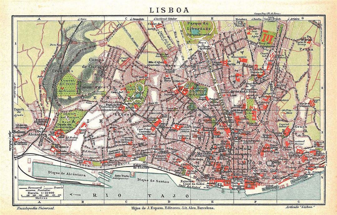 Детальная старая карта города Лиссабон
