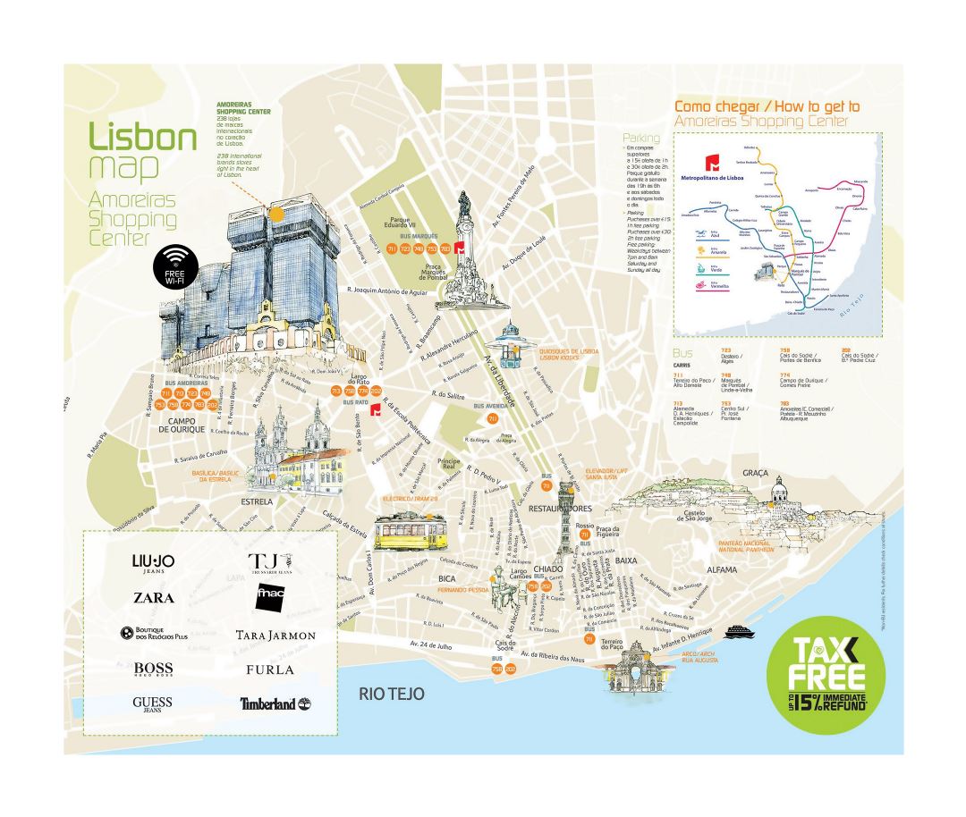 Большая детальная туристическая карта Лиссабона