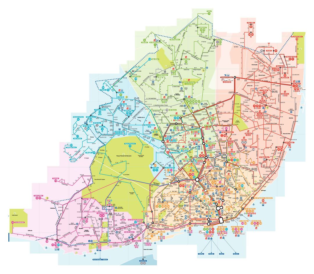 Большая детальная карта общественного транспорта Лиссабона