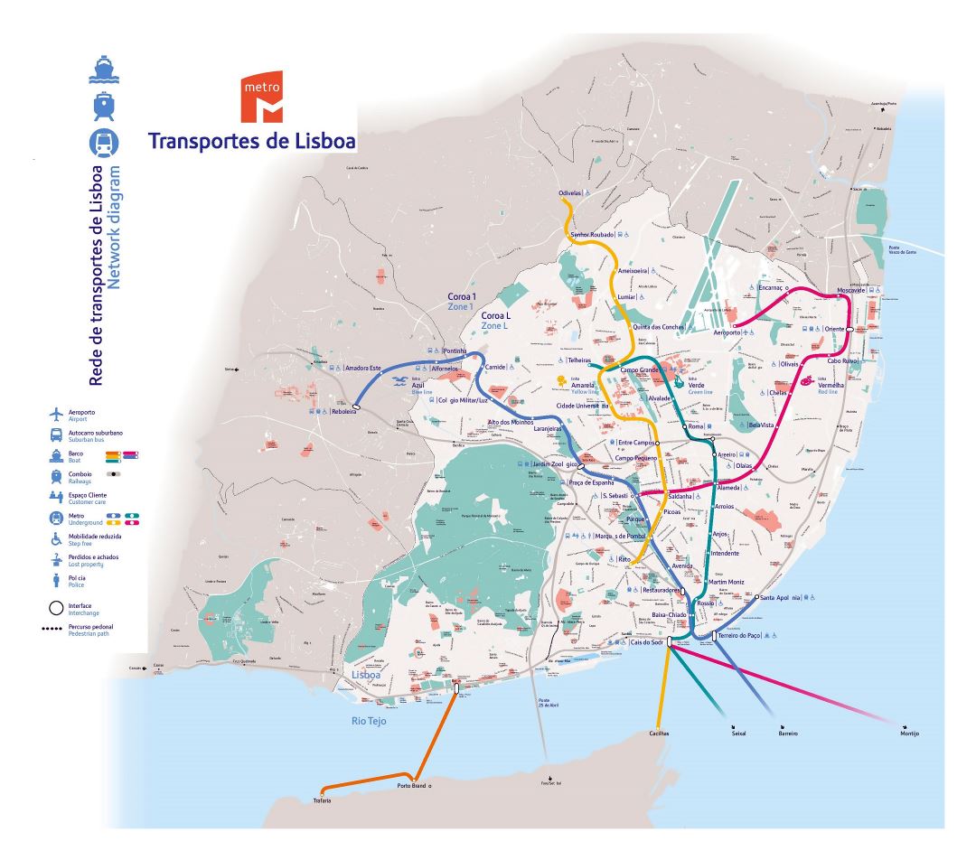 Большая карта транспорта Лиссабона