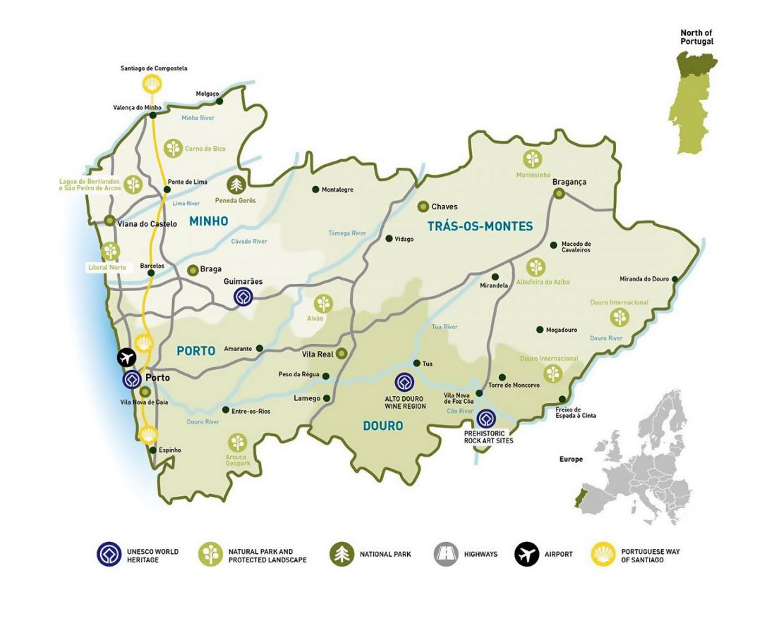 Детальная карта Северной Португалии с пунктами ЮНЕСКО, природными парками и охраняемыми ландшафтами, национальными парками, автомагистралями, аэропортами и другими пометками