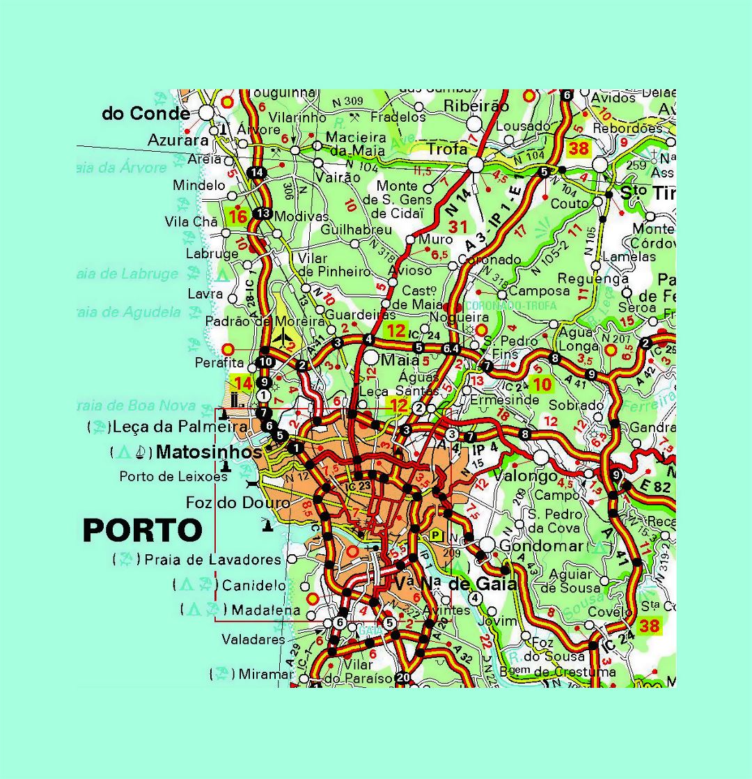 Детальная карта дорог города Порту и его окрестностей с другими пометками