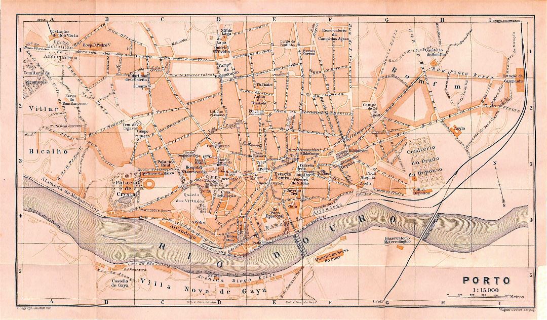 Большая старая карта города Порту - 1908