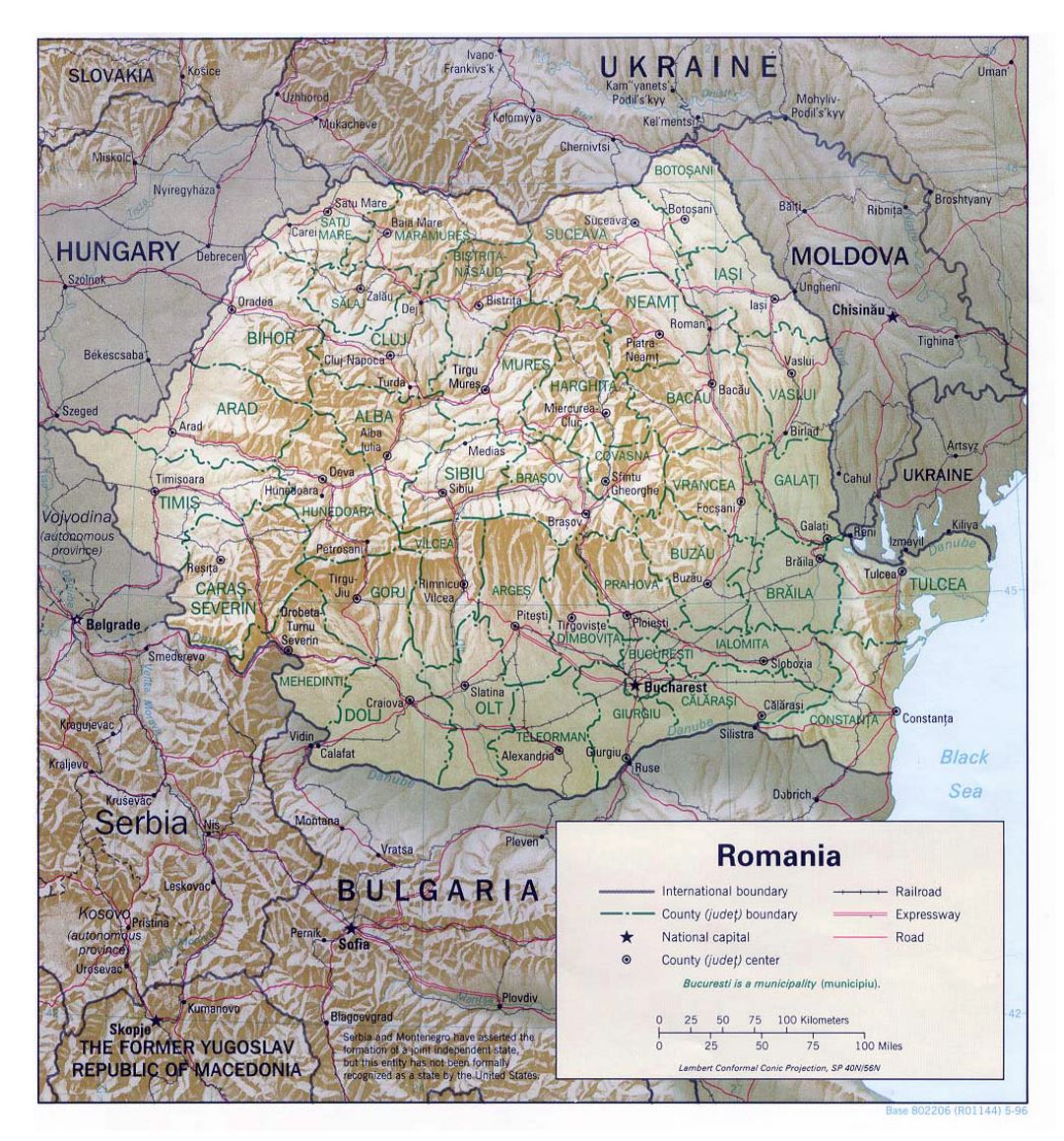 Детальная политическая и административная карта Румынии с рельефом, дорогами, железными дорогами и крупными городами - 1996