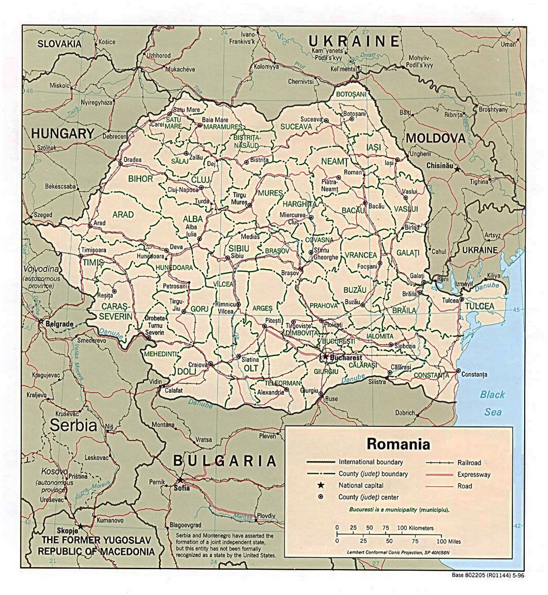 Детальная политическая и административная карта Румынии с дорогами, железными дорогами и крупными городами - 1996