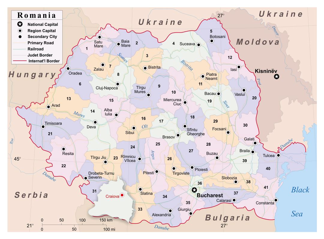 Большая детальная политическая и административная карта Румынии с крупными городами