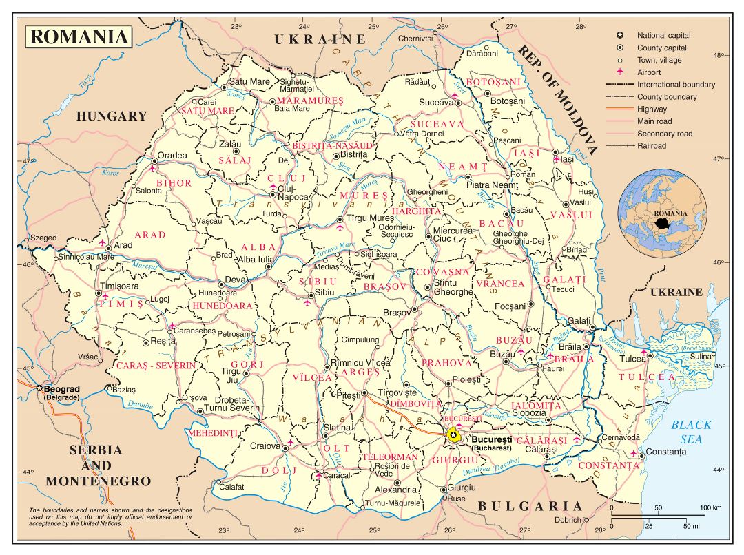 Большая детальная политическая и административная карта Румынии с дорогами, железными дорогами, крупными городами и аэропортами