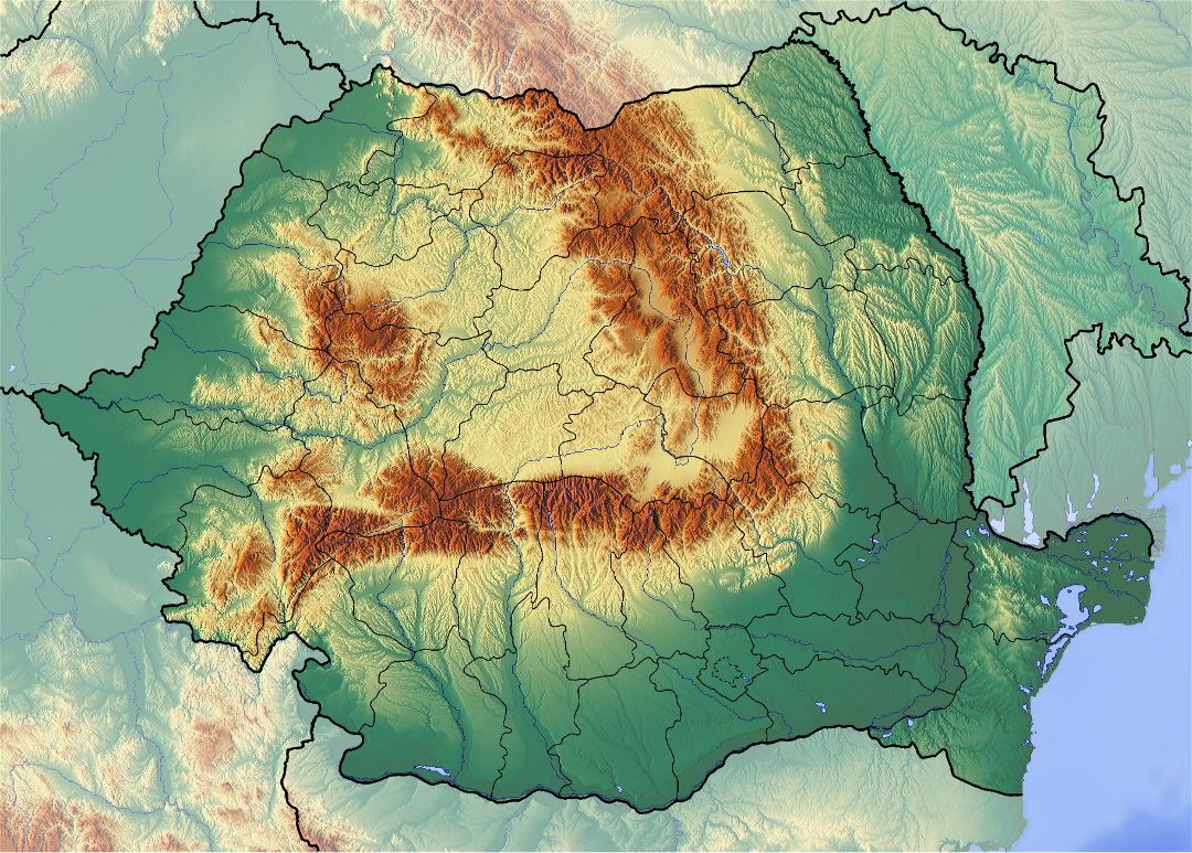 Большая детальная карта рельефа Румынии