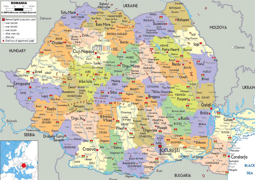 Большая политическая и административная карта Румынии с дорогами, городами и аэропортами