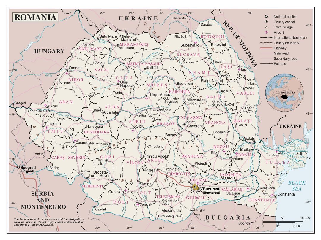 Большая политическая и административная карта Румынии с дорогами, железными дорогами, крупными городами и аэропортами