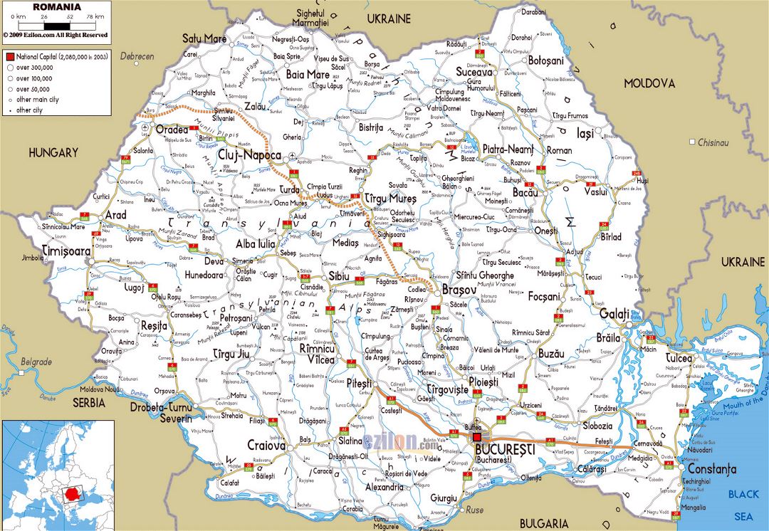 Большая карта дорог Румынии с городами и аэропортами