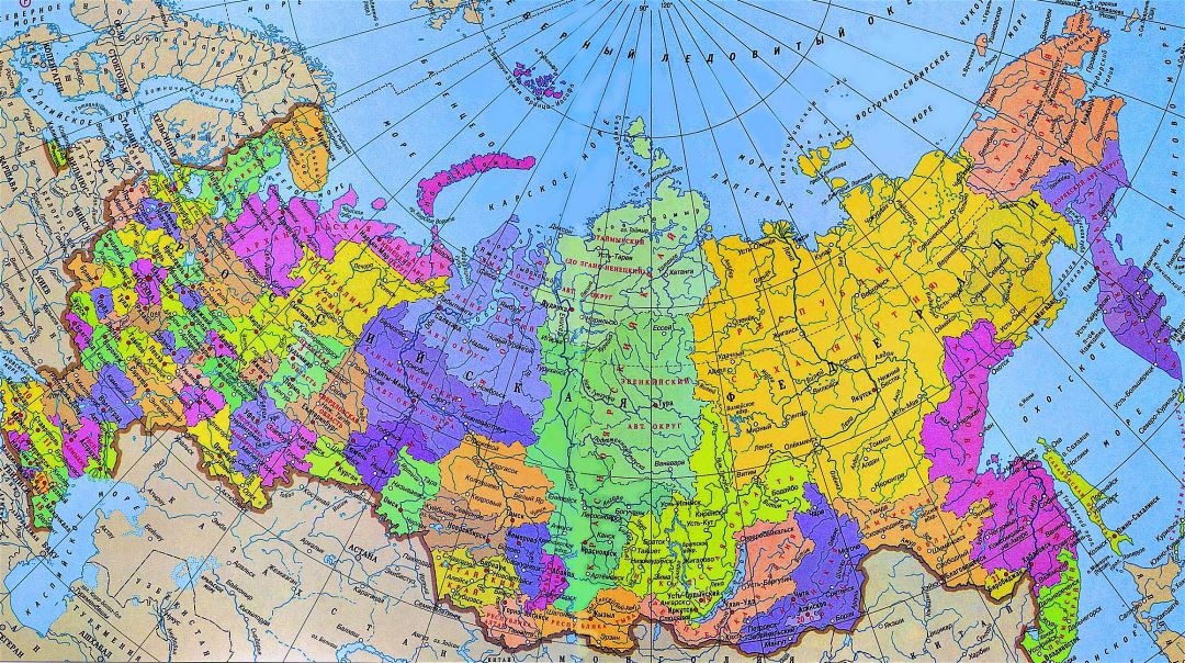 Детальная политическая и административная карта России с городами на русском языке