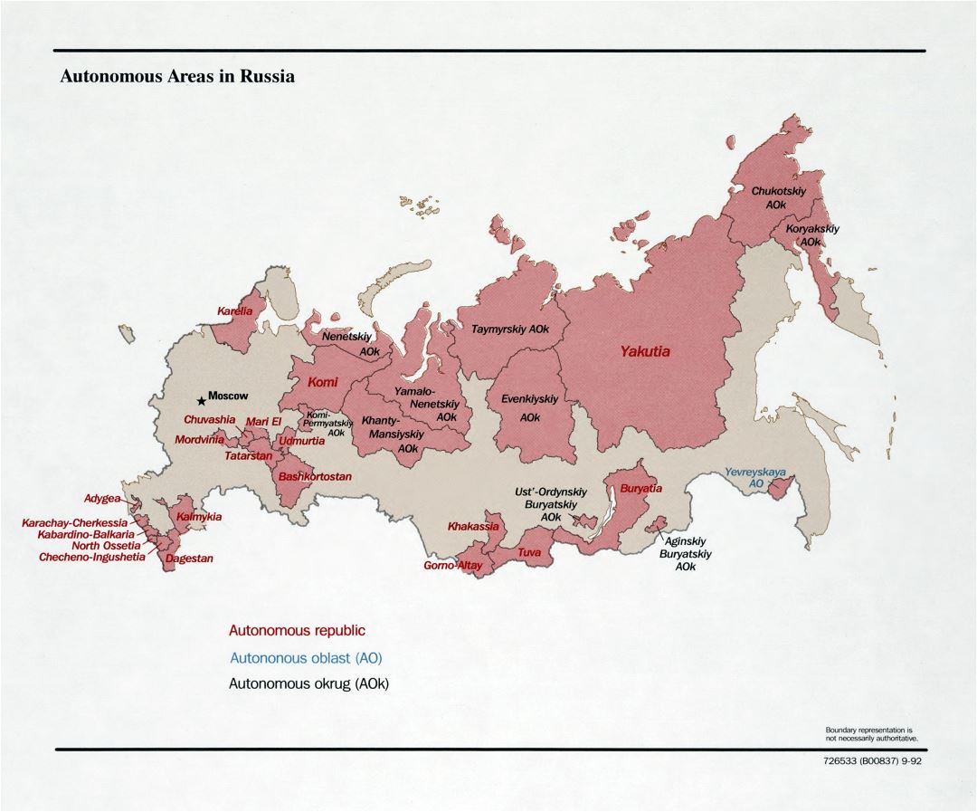Большая детальная карта автономных областей России - 1992