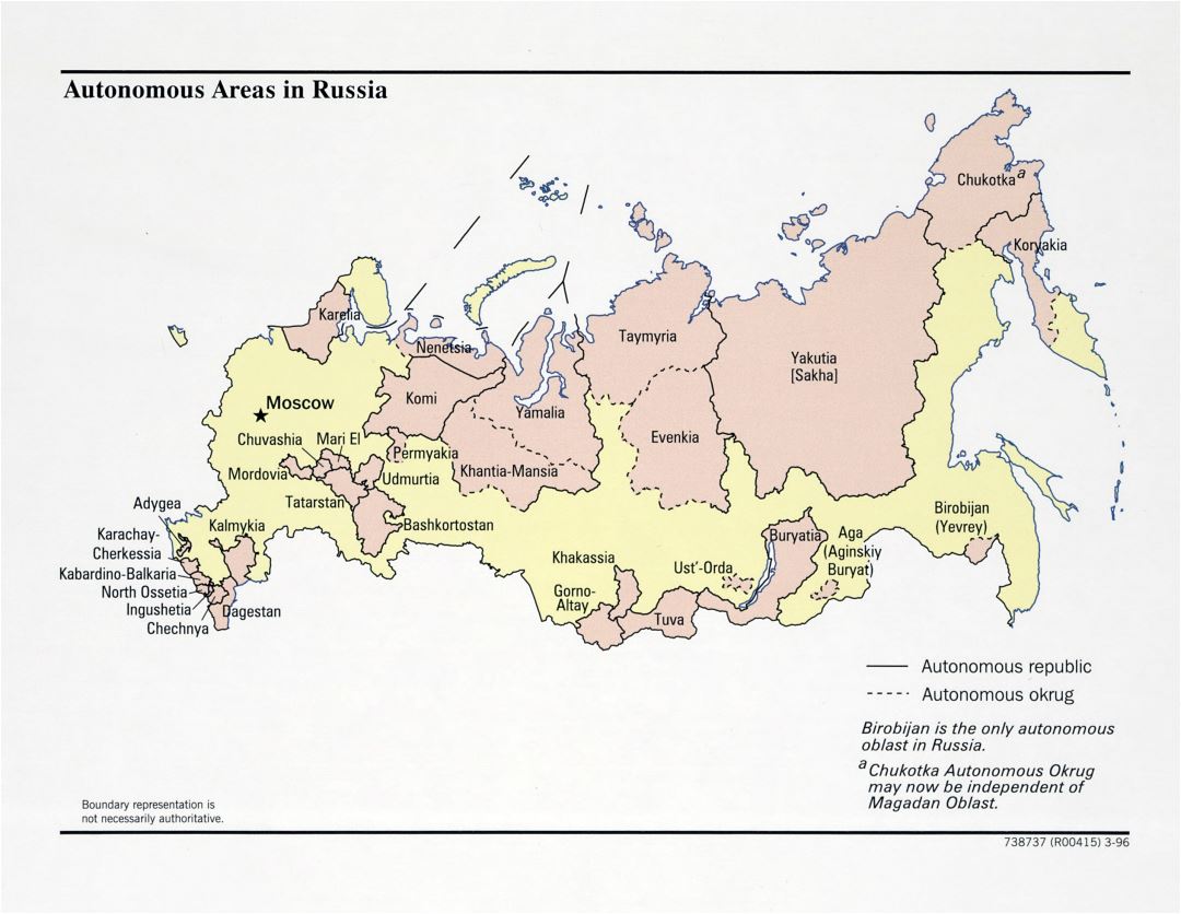 Большая детальная карта автономных областей России - 1996