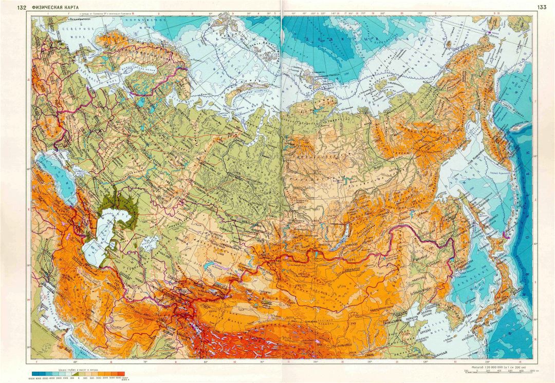 Большая детальная физическая карта России на русском языке