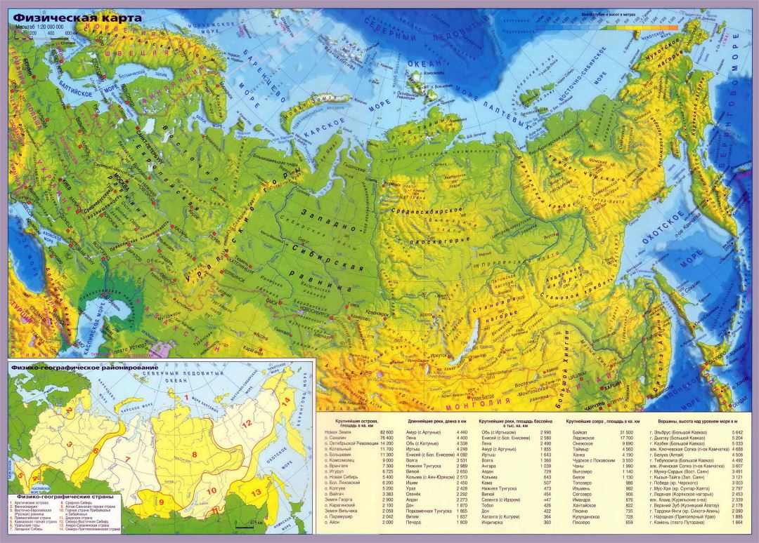 Большая детальная физическая карта России с городами на русском языке