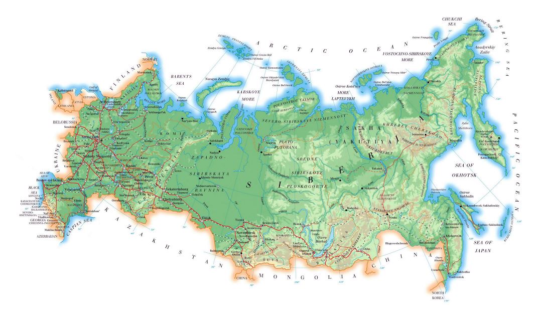 Большая карта высот России с дорогами, крупными городами и аэропортами