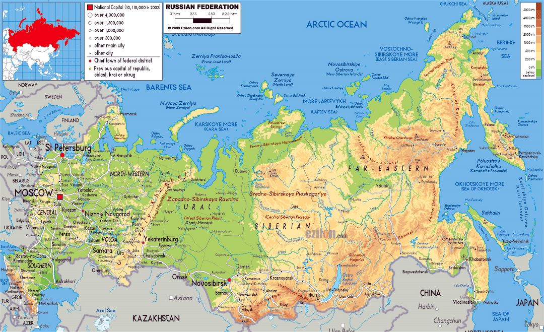 Большая физическая карта России с дорогами, городами и аэропортами