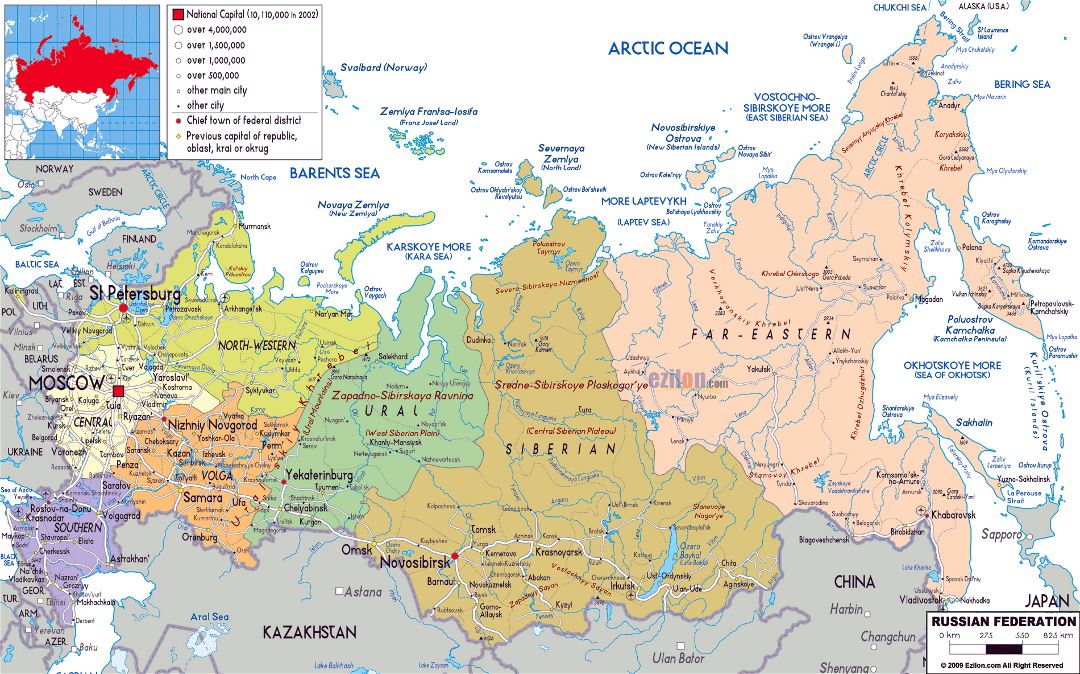 Большая политическая и административная карта России с дорогами, городами и аэропортами
