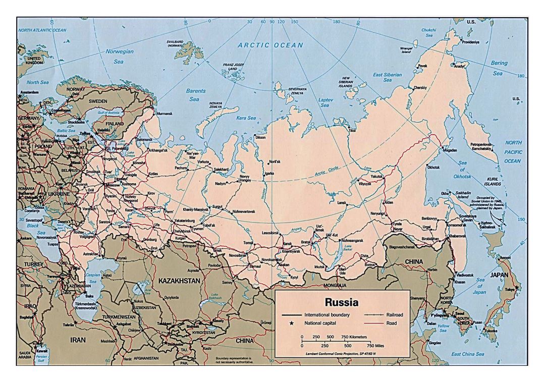 Большая политическая карта России с дорогами, железными дорогами и крупными городами - 1994