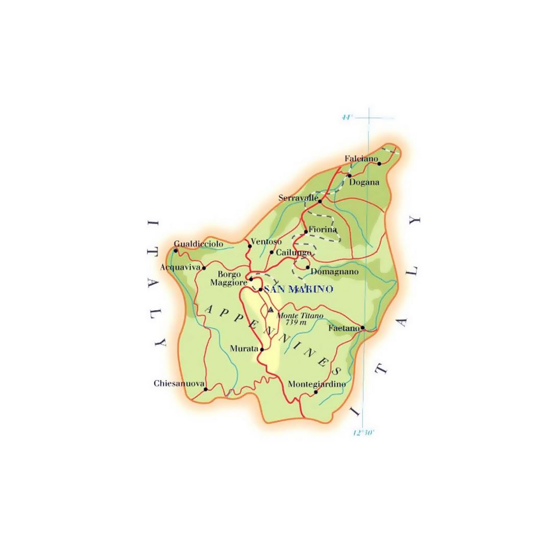 Детальная карта высот Сан-Марино с дорогами и городами