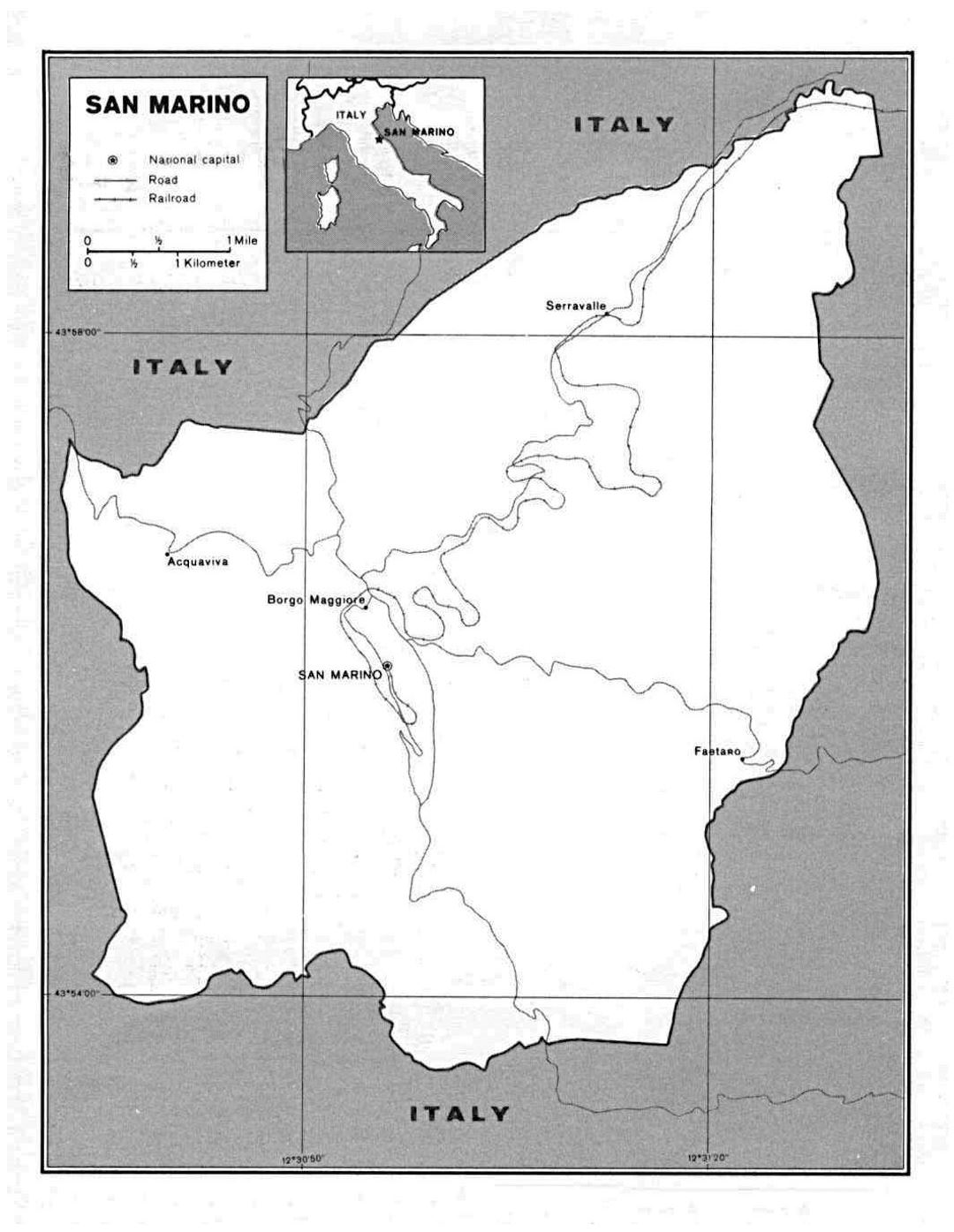 Детальная политическая карта Сан-Марино с дорогами и городами