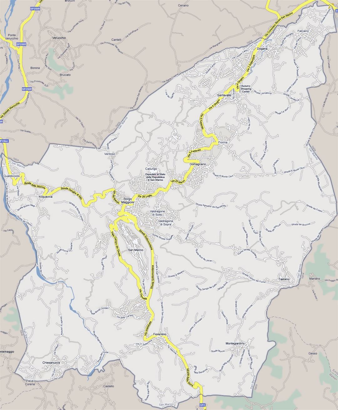 Большая детальная карта дорог Сан-Марино с городами