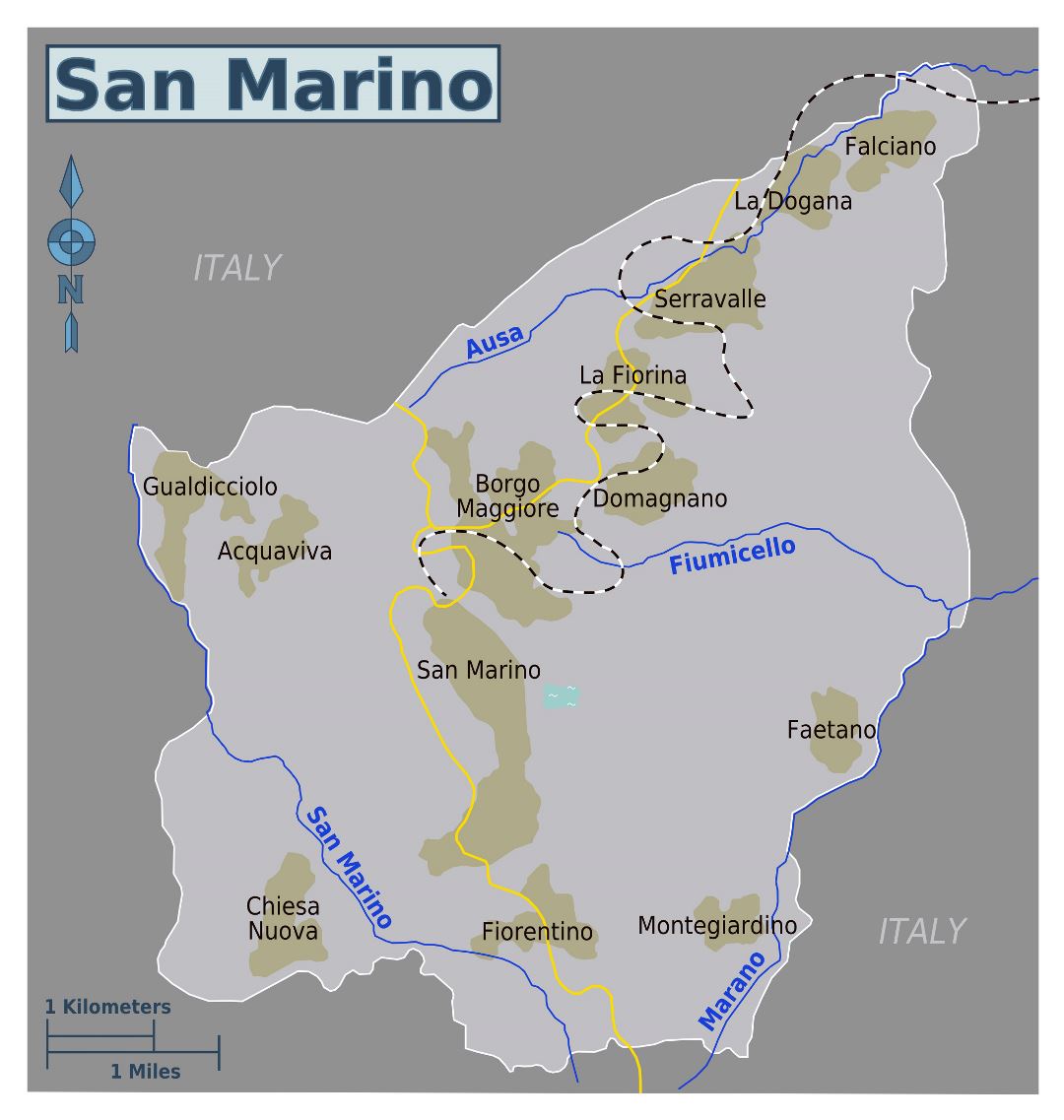 Большая карта Сан-Марино с дорогами и городами