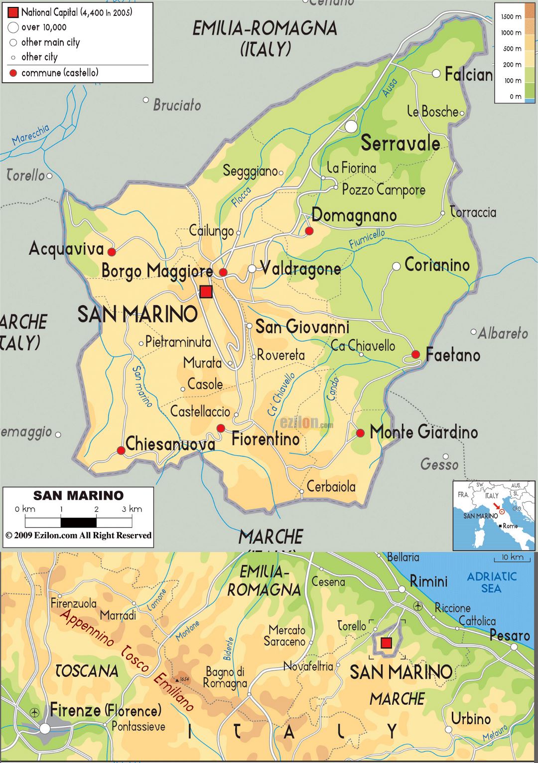 Большая физическая карта Сан-Марино с дорогами и городами