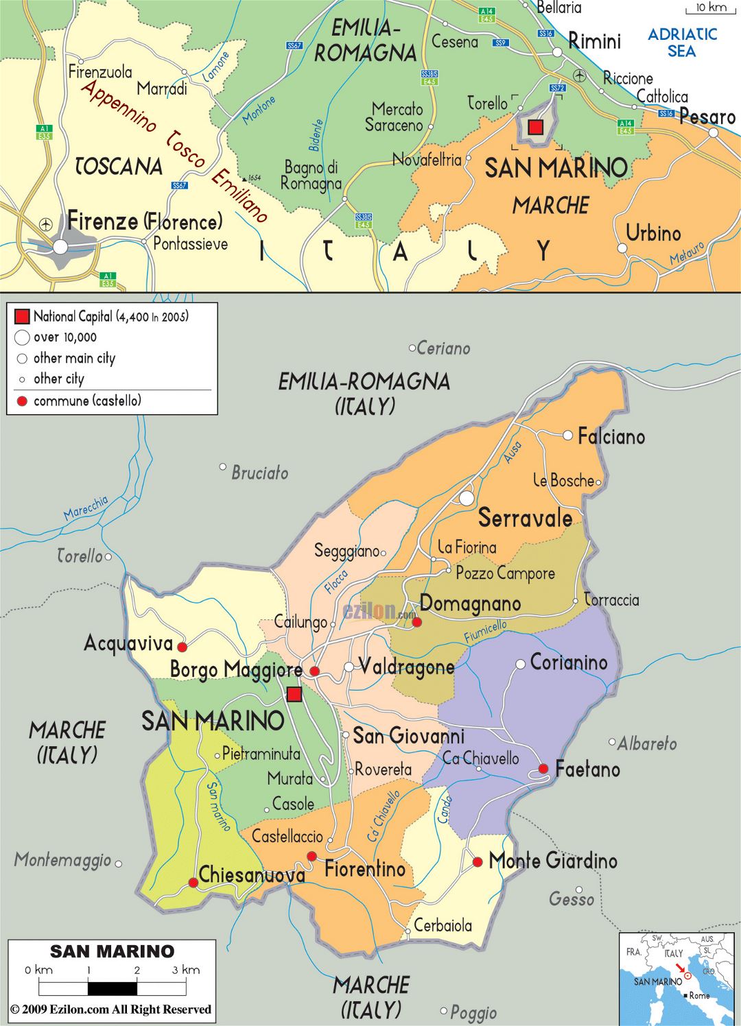 Большая политическая и административная карта Сан-Марино с дорогами и городами