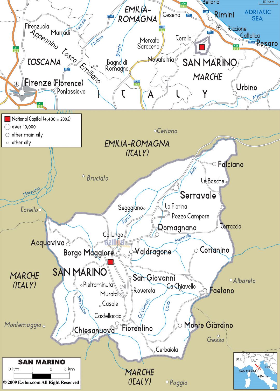 Большая карта дорог Сан-Марино с городами
