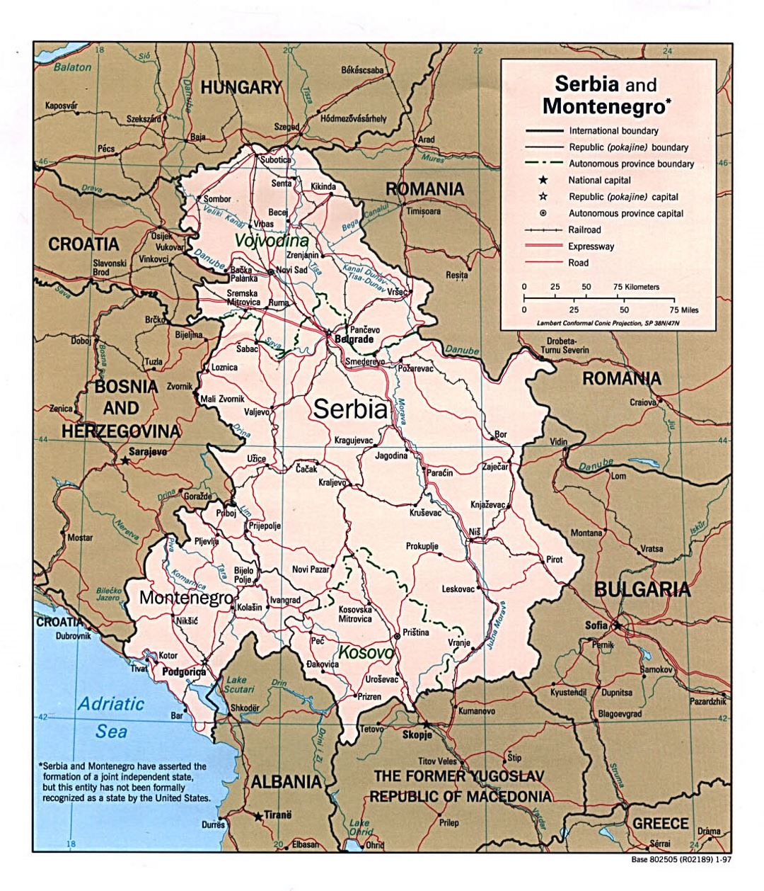Детальная политическая карта Сербии и Черногории - 1997