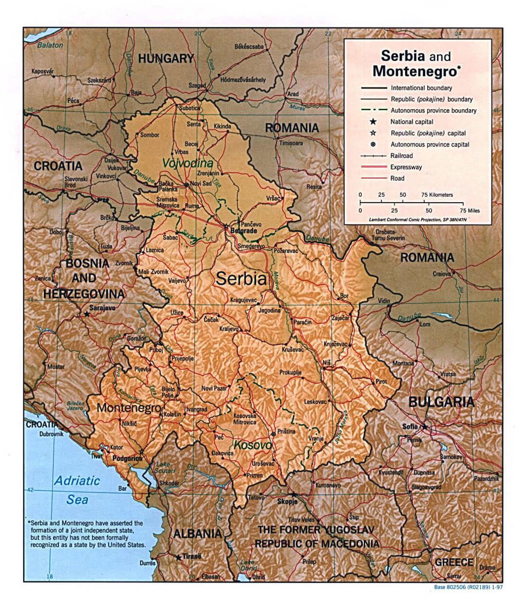 Детальная политическая карта Сербии и Черногории с рельефом - 1997