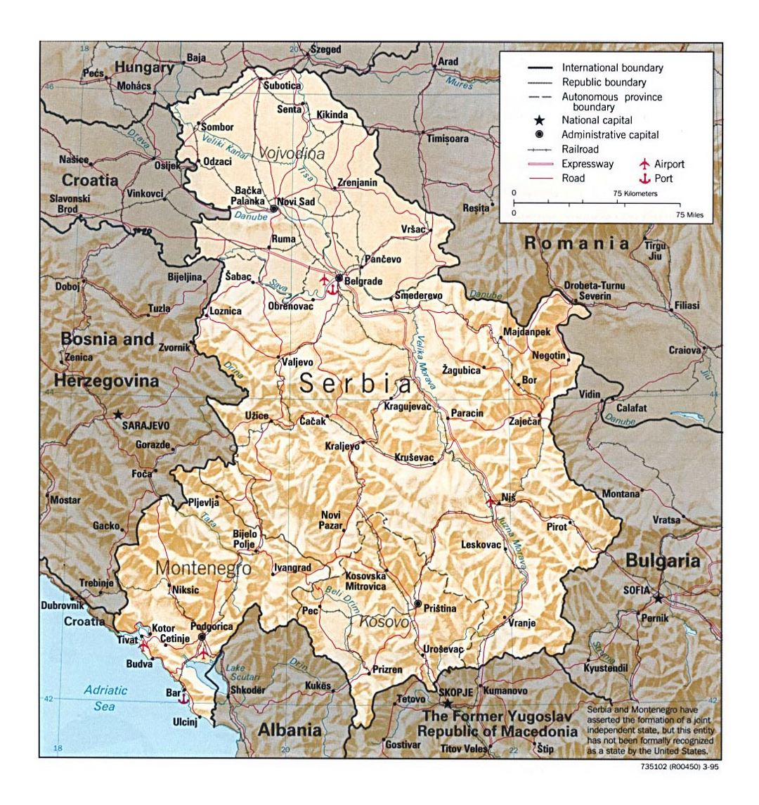 Детальная политическая карта Сербии и Черногории с рельефом, дорогами, железными дорогами и крупными городами - 1995