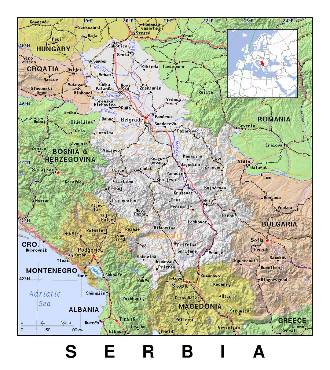 Детальная политическая карта Сербии с рельефом