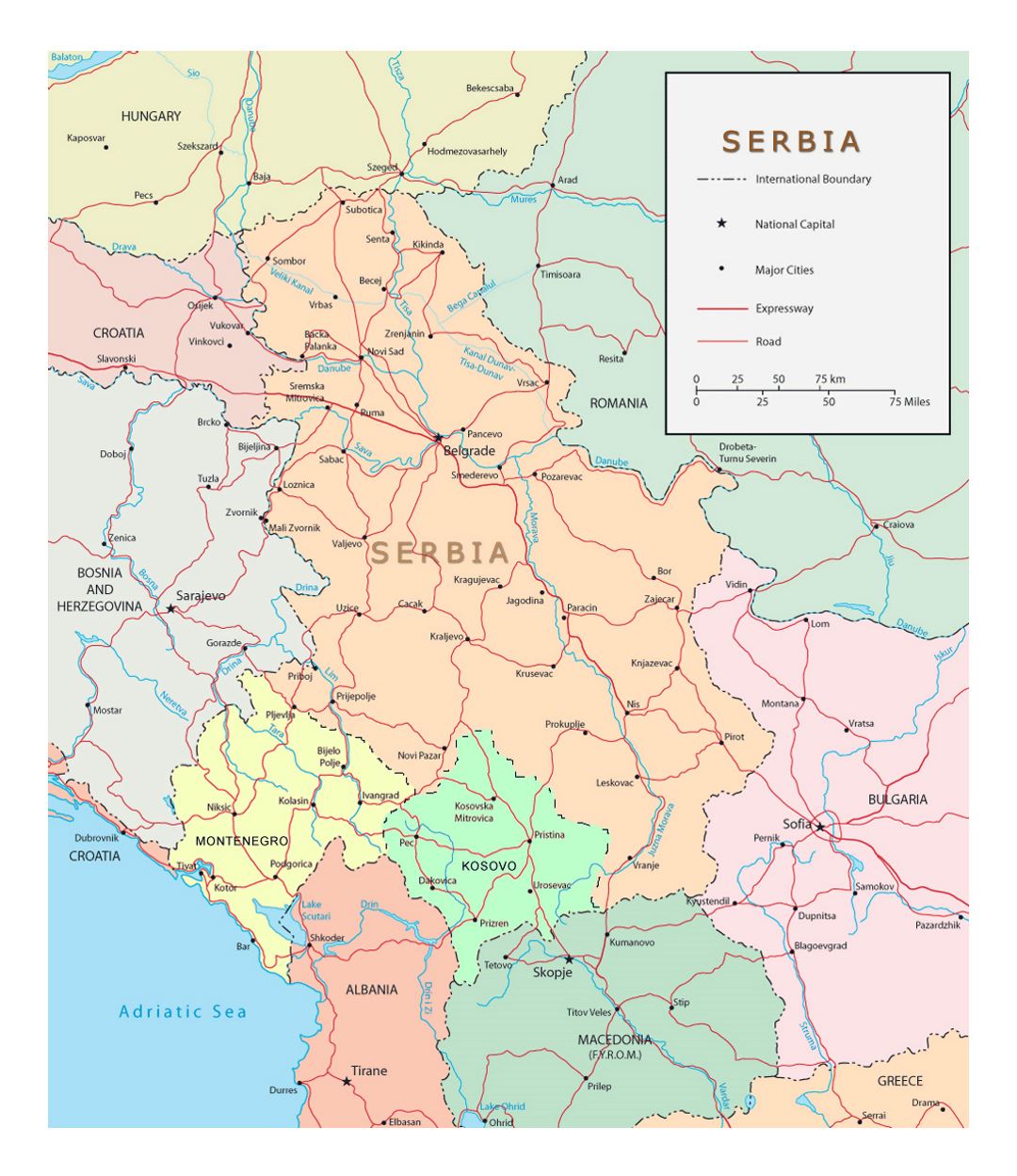 Детальная политическая карта Сербии с дорогами и крупными городами